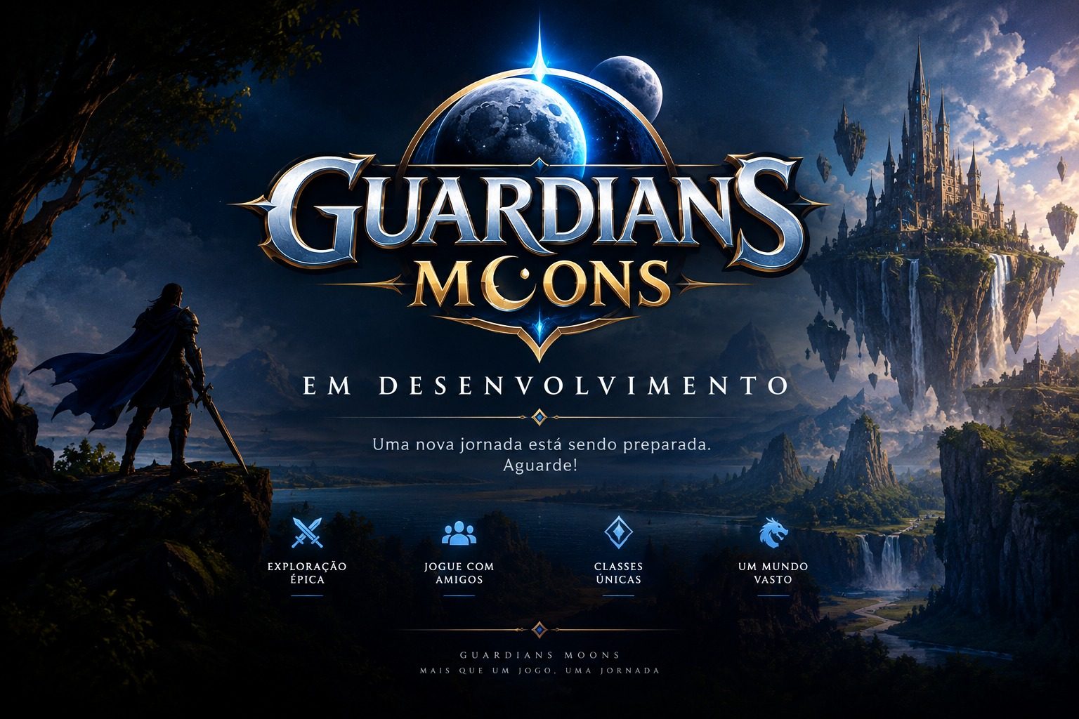 GuardiansMoons: um guerreiro de capa observa um castelo flutuante sob duas luas. Em desenvolvimento.
